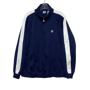 Fila Logo Track Jacket Full Zipper Navy Blue White Striped Sleeve Mens Large L